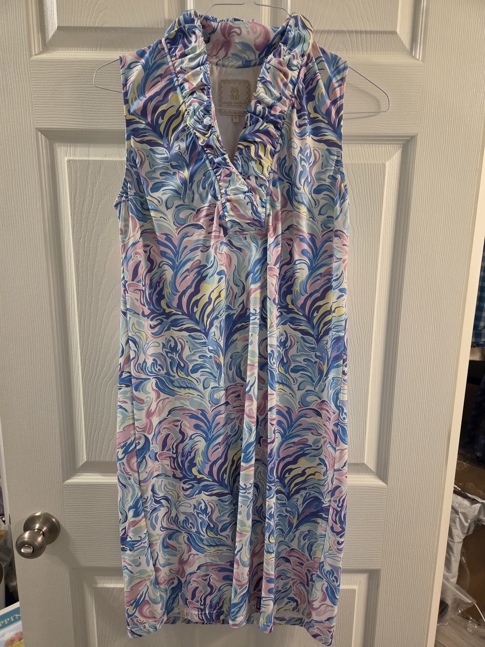 Simply Southern SPF Sleeveless V-Neck Ruffle Dress in Pastel Swirl Print